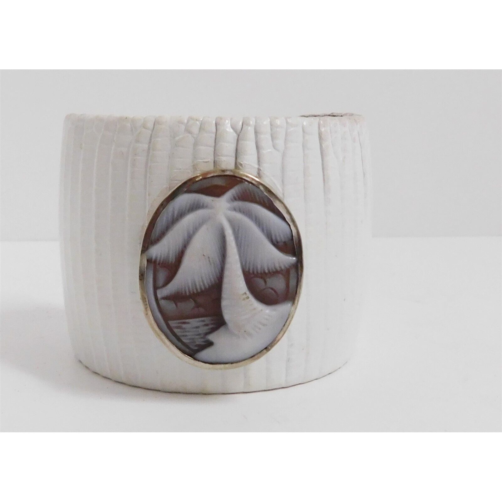 Ted Rossi White Reptile Embossed Leather Palm Tree Cuff Bracelet